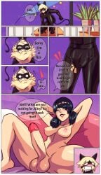 1boy 1futa adrien_agreste balls belt big_breasts big_penis blonde_hair blonde_hair_male blue_eyes blue_eyes_female blue_hair blue_hair_female blush blushing_male breasts bulge bulge_through_clothing cat_ears cat_noir chibi clothed clothing comic comic_page dialogue dickgirl domino_mask drooling english_text erect_penis erection erection_under_clothes fully_clothed futanari futanari/male green_eyes green_eyes_male invitation large_balls large_penis leather legs legs_apart light-skinned_futanari light-skinned_male light_skin male marinette_dupain-cheng mask miraculous:_tales_of_ladybug_and_cat_noir miraculous_ladybug nipples nude nude_futanari on_back penis shocked shocked_expression speech_bubble surprised twink unknown_artist