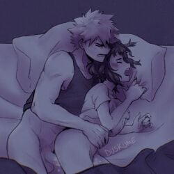 1boy 1girls bed cum_inside duskume gripping_pillow katsuki_bakugou my_hero_academia no_color ochako_uraraka orgasm pubic_hair