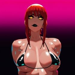 1girls ai_generated bikini black_lipstick chainsaw_man eyeshadow golden_eyes makeup makima_(chainsaw_man) nikolgreen red_hair stable_diffusion