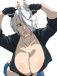 1girls angel_(kof) bending_forward bent_forward big_breasts big_breasts blue_eyes clothed female female_focus gloves hand_gesture hands_on_head huge_breasts jacket king_of_fighters light-skinned_female light_skin mattsunart pov short_hair thick white_hair