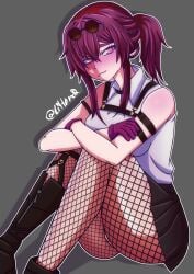 1girls artist_request big_breasts fishnet_legwear fishnets honkai:_star_rail hoyoverse kafka_(honkai:_star_rail) kittakittyna legs panties ponytail purple_eyes purple_hair shirt sitting skirt suggestive_gesture thighs two_tone_eyes