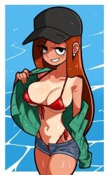 1girls auburn_hair big_breasts bikini cap cleavage disney earrings female female_focus female_only gravity_falls light-skinned_female light_skin long_hair looking_at_viewer micro_bikini n___k___m revealing_clothes skimpy_clothes tan-skinned_female tan_body tan_skin tanline wendy_corduroy