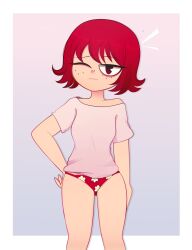 1girls arkeus bare_shoulders female flower freckles hand_on_hip kim_pine one_eye_closed panties partially_clothed red_eyes red_hair red_panties scott_pilgrim shirt short_hair solo solo_female