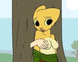 animated anthro biting_lip blahboop breast_fondling breast_grab breasts clothed clothing disembodied_hand duo feline female fondling fur grope half-dressed hand_on_breast katia_managan khajiit mammal nipples open_mouth prequel teeth the_elder_scrolls topless tree video_games