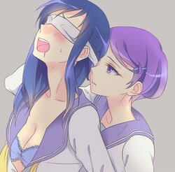 blindfold blue_hair blush bra breasts cleavage clothing couple dokidoki!_precure female female_only grey_background hishikawa_rikka human kenzaki_makoto long_hair medium_breasts multiple_females negom open_clothes open_mouth open_shirt precure pretty_cure purple_hair school_uniform short_hair simple_background underwear yuri