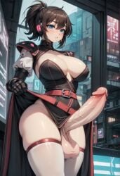 1futa 1girl ai_generated armsleeves belt big_balls black_dress blue_eyes blush brown_hair clandestina cleavage cyberpunk detailed_background embarassed embarrassed erection female futanari highres huge_breasts huge_cock huge_testicles lifted_by_self looking_at_penis narrow_waist penis_awe ponytail puffy_sleeves red_dress saggy_balls self_upload short_hair solo solo_female solo_futa solo_girl stable_diffusion standing thick_thighs veiny_penis white_thighhighs wide_hips