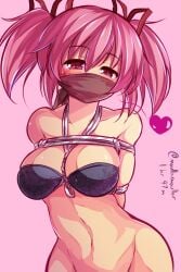 1girls arms_behind_back bondage breasts cloth_gag gag heart madoka_kaname mahou_shoujo_madoka_magica maullarmaullar medium_breasts pink_eyes pink_hair rope spoken_heart