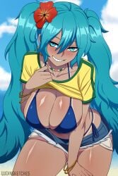 1girls ass big_ass big_breasts big_thighs bikini blue_eyes blue_hair blush blushing bra bracelets brazil brazilian brazilian_female brazilian_miku brazilian_tan breasts busty butt cleavage clothed cute cyan_eyes cyan_hair dark-skinned_female female female_only flower flower_in_hair hatsune_miku huge_ass huge_breasts huge_thighs idol large_breasts latin_american_hatsune_miku_(meme) latina long_hair looking_at_viewer ludinsketches massive_breasts mostly_clothed naughty_face necklace seductive_look seductive_pose seductive_smile shirt shirt_lift shirt_up shorts smile smiling solo tagme tan tan-skinned_female tan_body tan_skin tanline tanned teenager teeth thick thick_hips thick_thighs thighs twintails underwear vocaloid yellow_shirt