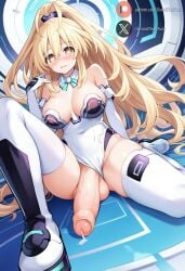 1futa ai_generated balls big_breasts big_penis blonde_hair blush clothing cock dickgirl embarrassed flaccid foreskin futa_only futanari huge_cock indoors large_breasts light-skinned_futanari light_skin long_hair looking_at_viewer neptunia_(series) orange_eyes penis precum roxygtf sitting solo yellow_heart yellow_heart_(neptunia)