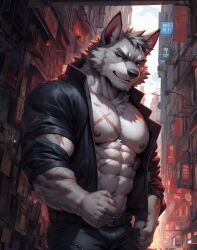 anthro biceps body_hair canid city clothing cyberpank ear grey_body hair jacket jeans kuranoidss looking_at_viewer male male_only muscular muscular_male nipples scars smile solo standing