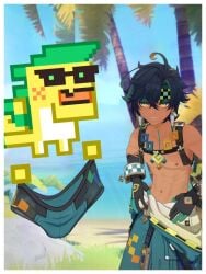 ajaw_(genshin_impact) annplans brown-skinned_male brown_skin dark-skinned_male dark_skin genshin_impact kinich_(genshin_impact) male_only mayan native_american_male render stolen_clothes stolen_swimming_trunks swimming_trunks tagme tattoo yumkasaurus_(species)