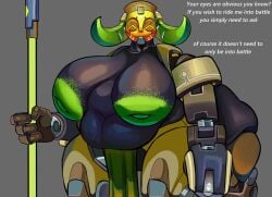 absurd_res areola belly big_belly big_breasts blizzard_entertainment breasts deep_navel english_text female green_areola green_nipples hi_res huge_breasts isolatedartest machine melee_weapon multicolored_body navel nipples omnic orisa overwatch overwatch_2 overweight overweight_female overweight_taur polearm solo spear taur text tusks weapon