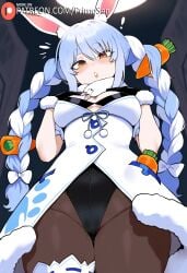 :o ai_generated animal_ears blue_hair braids carrot dress from_below gloves hair_ornament hands_on_own_chest hololive looking_at_viewer medium_breasts pantyhose primosan pussy_juice scarf standing twintails usada_pekora usada_pekora_(1st_costume) virtual_youtuber white_hair