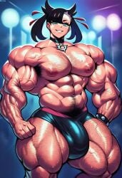 abs ai_generated ambush_(trap) armpit_hair bulge chest_hair extreme_muscles genderswap_(ftm) hairy_armpits hairy_arms hairy_chest hyper_muscles male male_only marnie_(pokemon) muscular muscular_futanari muscular_male pokemon rule_63 sewoh solo