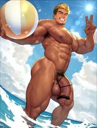 abs armpit_hair bara beach_ball big_cock big_penis black_hair blonde_hair body_hair bodybuilder censor_bar censored censored_penis chest_hair clouds erect_nipples exposed_nipples exposed_penis facial_hair flaccid flaccid_cock flaccid_penis gay hairy hairy_armpits hairy_arms hairy_chest hairy_legs hairy_male high_resolution highres huge_cock human hunk kuromine_hiraya large_penis male male_only muscle muscles muscular_legs muscular_male muscular_thighs nipples nude ocean peace_sign pecs penis pubic_hair sky smile smiling smiling_at_viewer solo solo_male tan_skin veiny_penis water yuatari