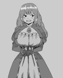 big_breasts black_and_white catherine_(limbus_company) gloves jairable limbus_company pointy_chin project_moon skirt smiling ■■■■■(limbus_company)