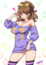 amanogawa_kirara breasts brown_hair cleavage clothing dress dress_lift earrings erect_nipples erect_nipples_under_clothes female go!_princess_precure innie_pussy joy_ride large_breasts long_hair medium_breasts no_panties precure pretty_cure purple_eyes pussy smile solo standing stockings striped striped_legwear thighhighs v