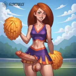 1futa ai_generated ball_hair balls cheerleader cheerleader_uniform erect_penis erection flordulce futa_only futa_sans_pussy futanari green_eyes hairy_testicles huge_cock kim_possible kimberly_ann_possible long_hair one_eye_closed orange_hair outdoors penis pom_poms pubic_hair seductive seductive_look seductive_smile solo_futa standing testicles wink