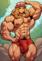 abs ai_generated ambush_(trap) armpit_hair bulge chest_hair extreme_muscles genderswap_(ftm) hairy_armpits hairy_arms hairy_chest hyper_muscles male male_only muscular muscular_futanari muscular_male pokemon rule_63 serena_(pokemon) sewoh solo