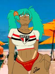 1girls artist_request beach bikini bikini_bottom brazil brazilian brazilian_female brazilian_miku flower_in_hair football_uniform green_eyes green_hair hatsune_miku latin_american_hatsune_miku_(meme) manok2 pierced_nipples são_paulo_fc tan_body tanline vocaloid