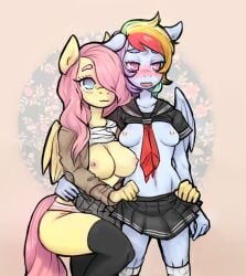 2015 anthro anthrofied areola big_breasts blue_body blue_feathers blue_fur blush bottomwear breast_size_difference breasts clothed clothing duo equid equine feathered_wings feathers female fluttershy_(mlp) friendship_is_magic fur furry hair hasbro legwear long_hair looking_at_viewer mammal multicolored_hair my_little_pony mythological_creature mythological_equine mythology nipples panties pegasus pettankochan pink_hair rainbow_dash_(mlp) rainbow_hair skirt small_breasts stockings thigh_highs underwear wings yellow_body yellow_feathers yuri,