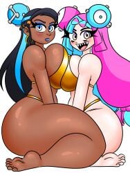 ass bikini black_hair boobs_pressed breasts feet golden_bikini iono_(pokemon) large_breasts light_blue_hair magnemite_hair_clips nessa_(pokemon) pokemon squish swimsuit vash_art