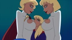 3girls blonde_hair blue_eyes breast_on_face breast_press colored_sketch cornered dc dc_comics dcau drawing female_only fully_clothed galatea justice_league justice_league_unlimited kara_danvers kara_zor-el karen_starr light-skinned_female light_skin multiple_girls power_girl sandwiched supergirl superman_(series) taller_girl webart20