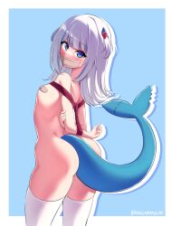 arms_tied arms_tied_behind_back bandaid bandaids_on_nipples blush bondage female gagged gawr_gura hololive hololive_english hololive_myth looking_at_viewer maullarmaullar nude shark_girl shark_tail tape_gag virtual_youtuber