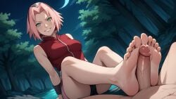 1boy ai_generated bare_shoulders bare_tree barefoot breasts bush erection erosaga feet female foot_focus footjob forest grass green_eyes grin naruto naruto_(series) naruto_shippuden nature night outdoors palm_tree penis pink_hair plant pov precum sakura_haruno short_hair sleeveless smile soles solo_focus straight toes tree two-footed_footjob uncensored