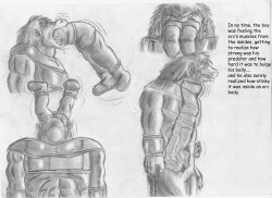 abs almost_fully_inside armor bigbadbear bodily_fluids clothed_prey comic cum duo flaccid genital_fluids genitals graphite_(artwork) hair hand_on_belly head_first hi_res human human_on_humanoid human_prey humanoid humanoid_pred internal interspecies larger_pred male male/male mammal muscular oral_vore orc partially_inside penis saliva simple_background size_difference teeth text traditional_media_(artwork) vore white_background