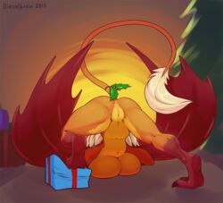 2015 anthro anus ass ass_up bat bellafray breasts christmas christmas_tree claws dieselbrain exposed female fluffy from_behind fur furry gift hi_res holidays holly_(plant) mammal multicolored_fur muscular orange_fur plant plump_labia pussy rear_view red_fur tree two_tone_fur wings