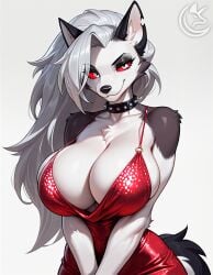 1girls ai_generated anthro big_breasts breasts cleavage clothing dress female female_only furry grey_fur grey_hair hellhound helluva_boss hi_res huge_breasts kemonogirls long_hair looking_at_viewer loona_(helluva_boss) multicolored_body multicolored_fur red_dress smile smiling_at_viewer spiked_collar tagme two_tone_body two_tone_fur white_body white_fur wolf wolf_ears wolf_girl wolf_tail