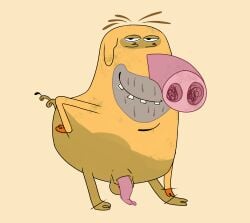 absurd_res animal_genitalia animal_penis anthro balls beard bob-jiggles curled_penis curled_tail domestic_pig facial_hair five_o'clock_shadow flaccid genitals goatee half-closed_eyes hand_on_hip hand_on_leg head_tuft hi_res hooves hubert_and_takako long_snout male mammal multicolored_body narrowed_eyes oscar_(hubert_and_takako) penis porcine_penis pose prehensile_penis rounded_ears simple_background smile smiling_at_viewer smirk smirking_at_viewer snout solo spread_legs spreading stubble suid suine sus_(pig) tail teeth teeth_showing tuft two_tone_body xilam yellow_background yellow_body yellow_skin