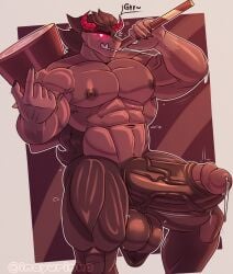 abs anthro armpit_hair armpits balls ballsack beckoning big_balls big_penis brown_body canid canine chocolate cookie_run_kingdom fur genitals growling hammer hi_res huge_cock humanoid humanoid_genitalia humanoid_penis hyper hyper_penis inayurinko leaking_cum looking_at_viewer male male_only muscular nipples pecs penis precum sagging_balls schwarzwalder sharp_teeth solo speech_bubble tools vein veiny_penis werecanid werewolf wolf