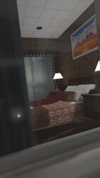 bed black_hair demon demon_boy erect_penis erection femboy incubus masturbation motel motel_room nude nude_male on_back on_bed peeping penis pov red_skin solo solo_male vrcfemboy vrchat vrchat_avatar