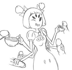 6_arms anthro arachnid arthropod black_and_white breasts cum fangs female group group_sex hair hairbow handjob humanoid_penis male monochrome muffet multi_arm multi_eye multi_limb noseless one_eye_closed penis sex solo_focus spider straight tea_cup undertale undertale_(series) wildswingding wink