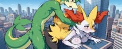1boy 1girls against_building ai_generated anthro ass big_breasts big_penis bodily_fluids braixen breasts building city female from_behind_position giant giantess heat leaning_on_building looking_pleasured macro macro_female macro_male male male/female medium_breasts moaning motion_lines penis pokemon pokemon_(species) serbm servine vaginal_penetration