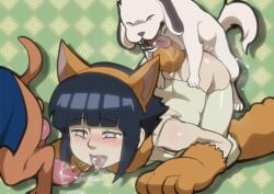 2dogs akamaru_(naruto) balls big_penis blush canid canine canine_penis canis doggy_style domestic_dog female feral human hyuuga_hinata knot male naruto oral penis sex tongue zoophilia