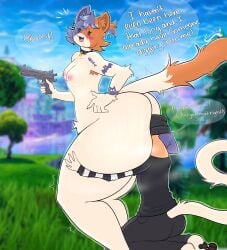 absurd_res anal anthro ass big_butt blush bodily_fluids breasts butt_grab calico_cat cat_ears cat_tail cate_meowdy cate_meowdy_(fortnite) catgirl clothed clothing digital_media_(artwork) domestic_cat duo epic_games eroticbuni felid feline felis female female/female fortnite fur genitals gun hair hand_on_butt hi_res mammal meow_skulls meow_skulls_(fortnite) multicolored_body multicolored_fur nipples nude oral ponytail ranged_weapon rear_view rimming sex smile surprise surprised_expression sweat sweaty_butt tail tattoo text thick_thighs weapon white_body white_fur wide_hips