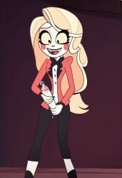 ai_generated charlie_morningstar charlie_morningstar_(hazbin_hotel) charlie_morningstar_(pilot) clothed futa_only futanari hazbin_hotel intersex masturbation penis penis_out precum solo solo_futa vivienne_medrano vivziepop