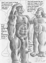 abs balls bigbadbear dialogue duo ellipsis english_text fatal_vore feet flaccid forced foreskin frown genitals graphite_(artwork) hair hi_res humanoid male male/male muscular nipples nude nude_pred orc penis signature smile speech_bubble standing talking_to_another talking_to_pred talking_to_prey teeth text tongue traditional_media_(artwork) uncircumcised unwilling_prey vore willing_pred