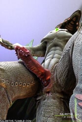 1boy 3d animal_genitalia anthro anus ass claws close-up dragon erection genital_slit horn knot lizard low-angle_shot male male_only penis precum reptile salireths scales scalie simple_background slit solo spreading wings worm's-eye_view