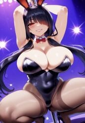 1girls ai_generated black_hair blush bunny_ears curvy_body date_a_live detached_collar female heavy_breathing highleg huge_breasts large_breasts leotard low_twintails pantyhose playboy_bunny pole_dancing red_eye remington34 smile squatting thicc_thighs tokisaki_kurumi wide_hips wrist_cuffs