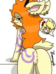 2025 3:4 alice_(xammyxx) antlers anus ass avian bent_over bird black_nose blonde_hair blush cel_shading deer digital_media_(artwork) ear_piercing ear_ring eyelashes female fur genitals hair hi_res horn looking_at_viewer male mammal mostly_nude nude nude_anthro nude_female orange_hair piercing presenting purple_eyes pussy ring_piercing sam_(xammyxx) scut_tail shaded short_tail signature simple_background tail tattoo watermark white_background white_body white_fur xammyxx yellow_body yellow_fur