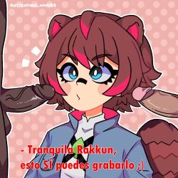 big_penis blue_eyes brown_hair chica_peruana_pendeja_se_autopapea_asi_mismo clothing escila female female_focus latam_virtual_youtuber multiple_penises penis raccoon raccoon_ears raccoon_girl raccoon_tail rakkun spanish_text text twitch virtual_youtuber vtuber