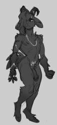 anthro avernus_(groatydeer) balls foreskin furry groatydeer horns jewelry kippy male male_only monochrome penis presenting solo tagme tail thick_thighs uncircumcised uncut wide_hips