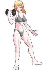 blonde_hair cobblestun dumbbell elf elf_ears elf_female female green_eyes isekai_ojisan medium_breasts muscle_mommy muscular sui_(isekai_ojisan) underwear
