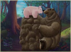 2004 bear big_bad_bear bigbadbear blue_eyes blue_sky bodily_fluids brown_body brown_fur claws cloud colored detailed_background domestic_pig duo eye_contact feet feral feral_pred feral_prey forest forest_background frown fungus fur happy_birthday hi_res larger_pred looking_at_another male male/male mammal multiple_prey mushroom nature nature_background nervous nude_pred october_(month) pink_body plant scared signature sitting size_difference sky stomach_bulge suid suine sus_(pig) sweat sweatdrop text tree vore