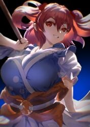 aorei big_breasts blue_dress bracelet breasts cleavage closed_mouth color dress female female_focus female_only hair_bobbles hair_ornament half-closed_eyes highres huge_breasts jewelry komachi_onozuka large_breasts looking_at_viewer onozuka_komachi red_eyes red_hair sash scythe smile solo standing tied_hair touhou