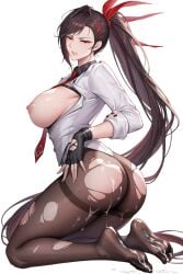 ai_generated black_hair cum_on_ass cum_on_feet cum_on_floor curvy_figure feet ha_yuri_jahad large_breasts nfkk_(artist) ponytail red_eyes tearing_up torn_pantyhose tower_of_god